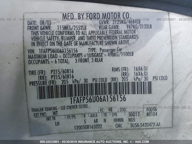 1FAFP56U06A156156 - 2006 FORD TAURUS SEL WHITE photo 9