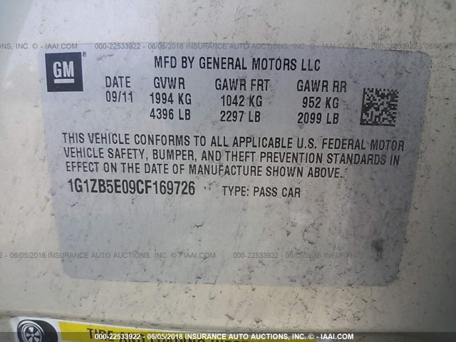 1G1ZB5E09CF169726 - 2012 CHEVROLET MALIBU LS TAN photo 9