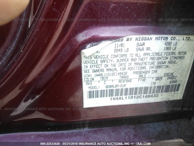 1N4AL11D12C149432 - 2002 NISSAN ALTIMA S/SL BURGUNDY photo 9