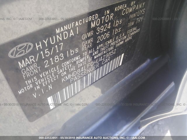 KMHD84LF0HU429852 - 2017 HYUNDAI ELANTRA SE/VALUE/LIMITED GRAY photo 9