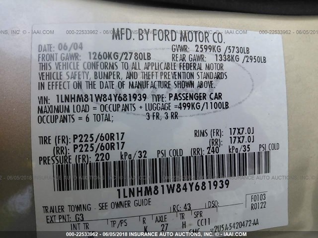 1LNHM81W84Y681939 - 2004 LINCOLN TOWN CAR EXECUTIVE/SIGNATURE კრემისფერი ფოტო 9