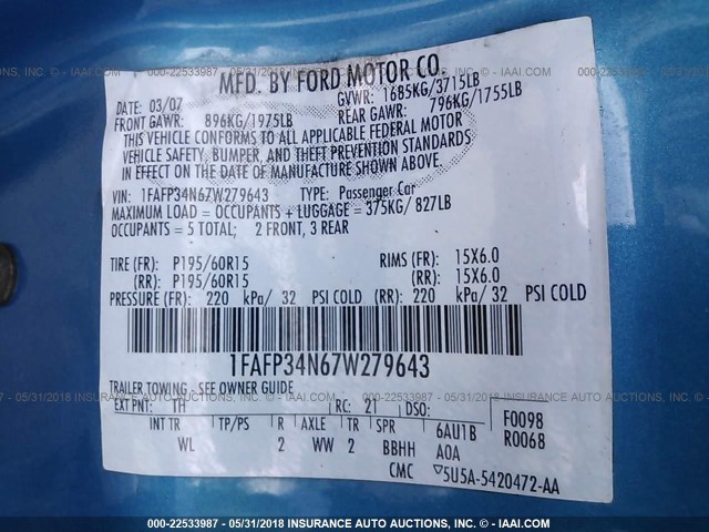 1FAFP34N67W279643 - 2007 FORD FOCUS ZX4/S/SE/SES 蓝色 照片 9