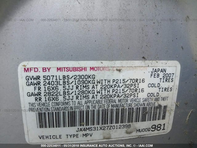 JA4MS31X27Z012398 - 2007 MITSUBISHI OUTLANDER ES/LS Gümüş foto 9