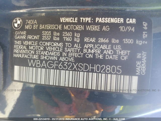 WBAGF632XSDH02805 - 1995 BMW 740 I AUTOMATIC BLACK photo 9