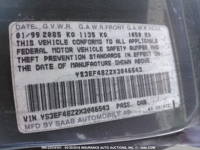 YS3EF48Z2X3046543 - 1999 SAAB 9-5 SE GREEN photo 9