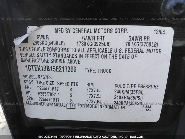 1GTEK19B15E217366 - 2005 GMC NEW SIERRA K1500 BLACK photo 9