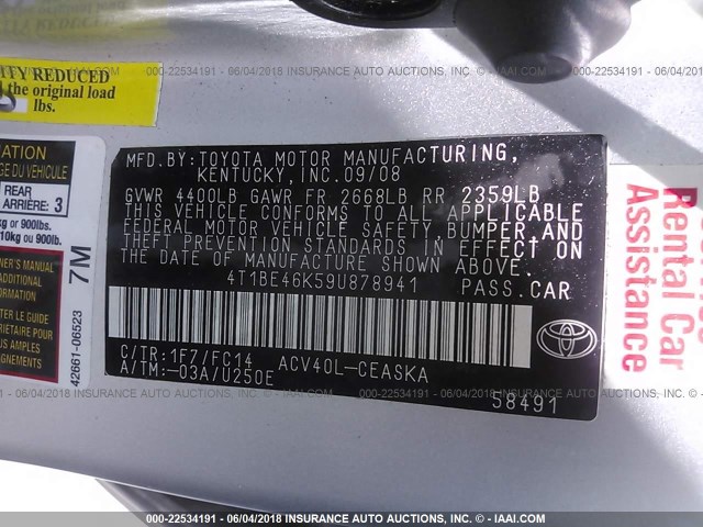 4T1BE46K59U878941 - 2009 TOYOTA CAMRY SE/LE/XLE SILVER photo 9