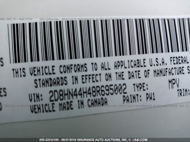 2D8HN44H48R695002 - 2008 DODGE GRAND CARAVAN SE WHITE photo 9