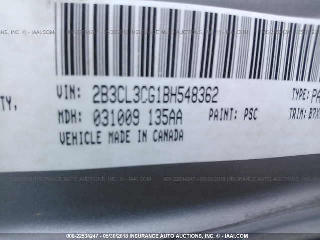 2B3CL3CG1BH548362 - 2011 DODGE CHARGER GRAY photo 9