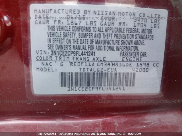 3N1CE2CP9FL441241 - 2015 NISSAN VERSA NOTE S/S PLUS/SV/SL/SR RED photo 9