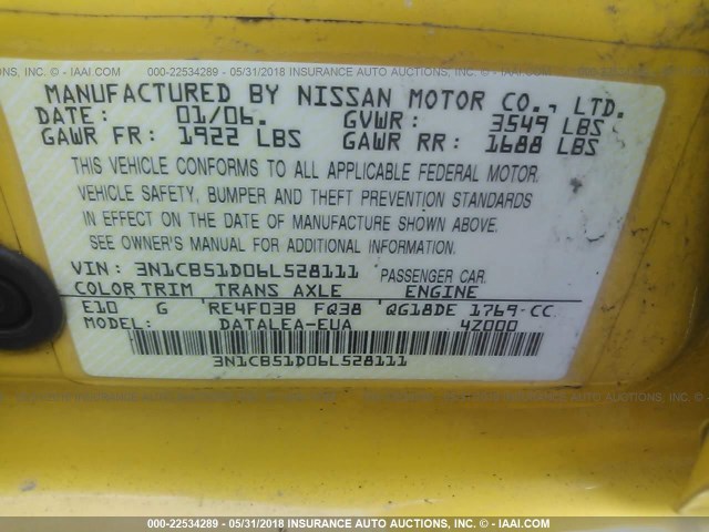 3N1CB51D06L528111 - 2006 NISSAN SENTRA 1.8/1.8S YELLOW photo 9