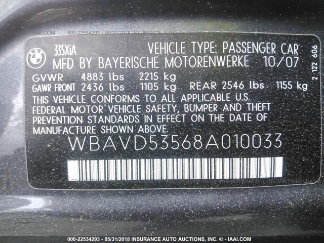 WBAVD53568A010033 - 2008 BMW 335 XI Сұр фото 9