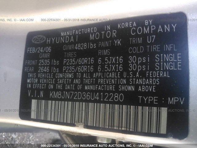 KM8JN72D36U412280 - 2006 HYUNDAI TUCSON GLS/LIMITED SILVER photo 9