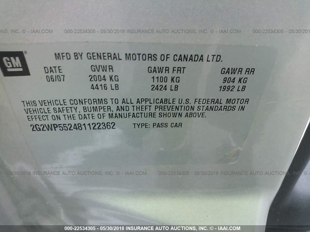 2G2WP552481122362 - 2008 PONTIAC GRAND PRIX SILVER photo 9