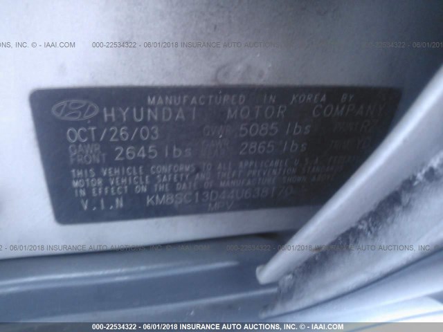 KM8SC13D44U638170 - 2004 HYUNDAI SANTA FE GLS/LX SILVER photo 9