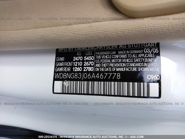 WDBNG83J06A467778 - 2006 MERCEDES-BENZ S 430 4MATIC WHITE photo 9