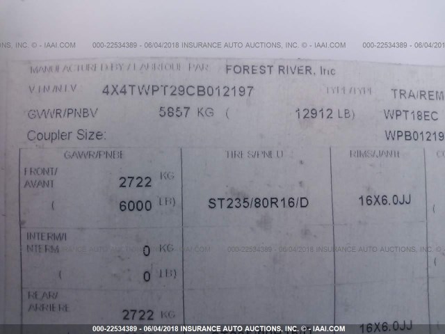 4X4TWPT29CB012197 - 2012 FOREST RIVER WORK-N-PLAY  WHITE photo 9