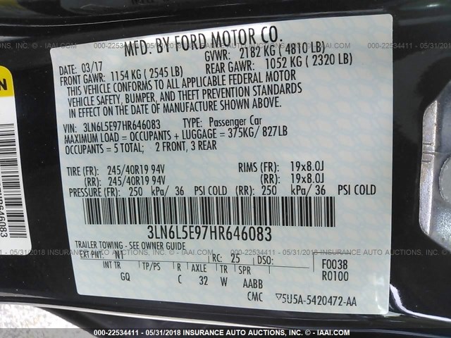 3LN6L5E97HR646083 - 2017 LINCOLN MKZ RESERVE ლურჯი ფოტო 9