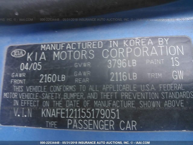 KNAFE121155179051 - 2005 KIA NEW SPECTRA LX/EX BLUE photo 9