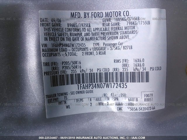 1FAHP34N07W172435 - 2007 FORD FOCUS ZX4/S/SE/SES SILVER photo 9