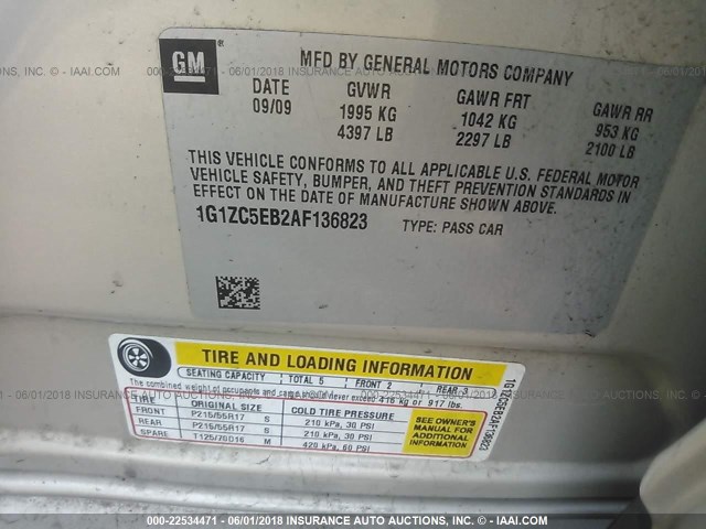 1G1ZC5EB2AF136823 - 2010 CHEVROLET MALIBU 1LT 米色 照片 9