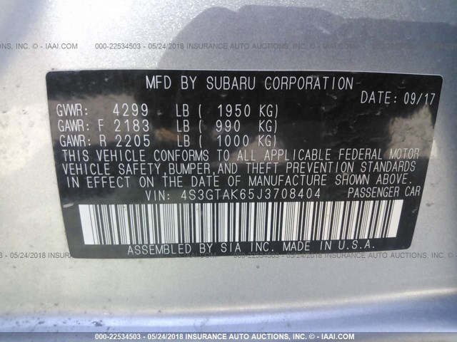 4S3GTAK65J3708404 - 2018 SUBARU IMPREZA SPORT SILVER photo 9