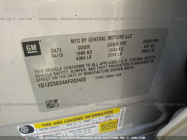 1G1ZC5E04AF282400 - 2010 CHEVROLET MALIBU 1LT 银色 照片 9