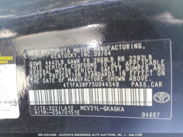 4T1FA38P75U044549 - 2005 TOYOTA CAMRY SOLARA SE/SLE BLACK photo 9