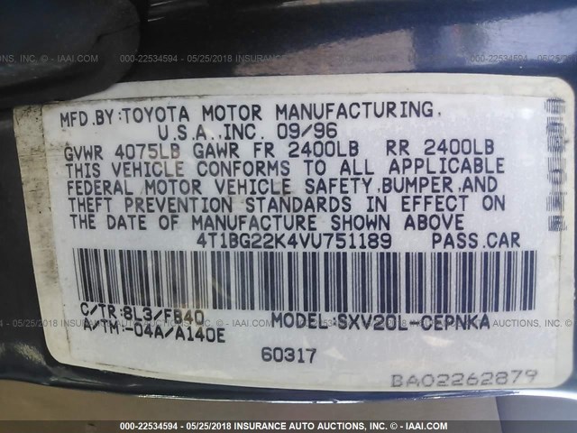 4T1BG22K4VU751189 - 1997 TOYOTA CAMRY CE/LE/XLE 蓝色 照片 9