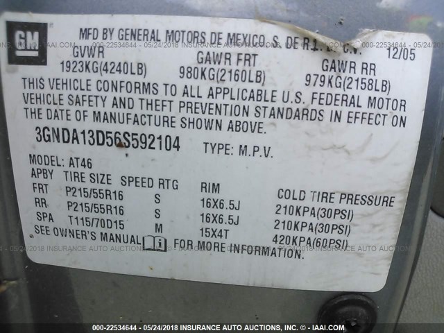 3GNDA13056S592104 - 2006 CHEVROLET HHR LS GRAY photo 9