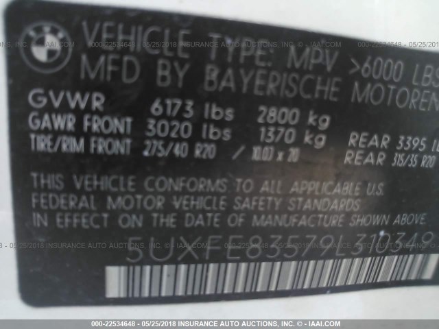 5UXFE83579L310349 - 2009 BMW X5 XDRIVE48I WHITE photo 9