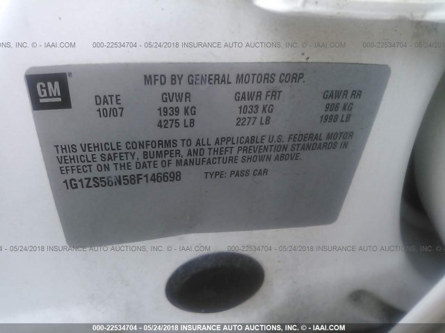 1G1ZS58N58F146698 - 2008 CHEVROLET MALIBU LS თეთრი ფოტო 9