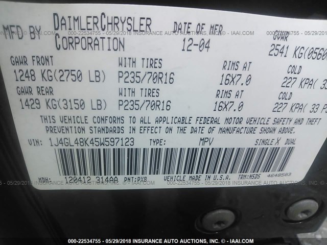 1J4GL48K45W597123 - 2005 JEEP LIBERTY SPORT 黑色 照片 9