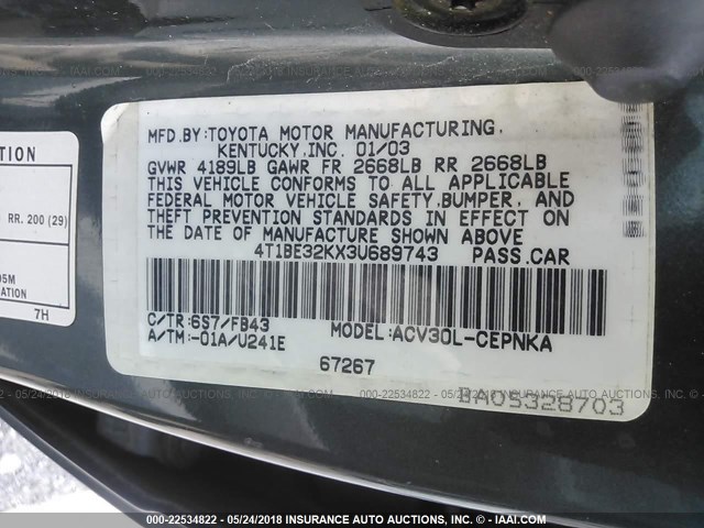 4T1BE32KX3U689743 - 2003 TOYOTA CAMRY LE/XLE/SE მწვანე ფოტო 9