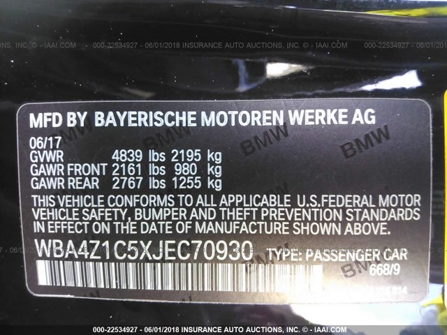WBA4Z1C5XJEC70930 - 2018 BMW 430I BLACK photo 9