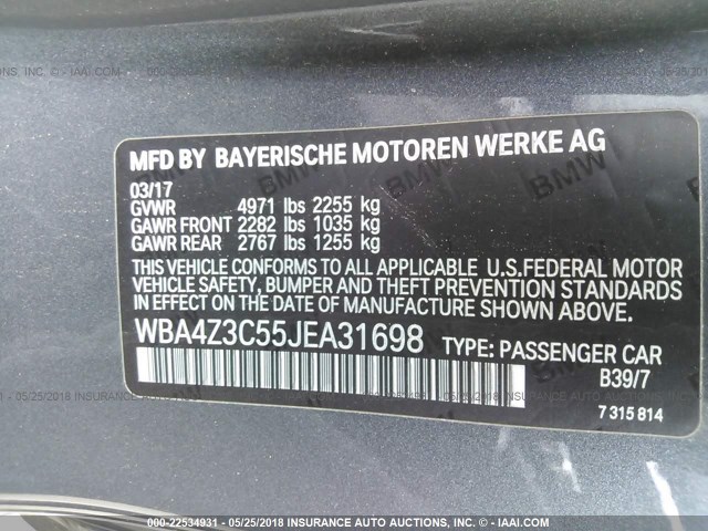 WBA4Z3C55JEA31698 - 2018 BMW 430XI GRAY photo 9