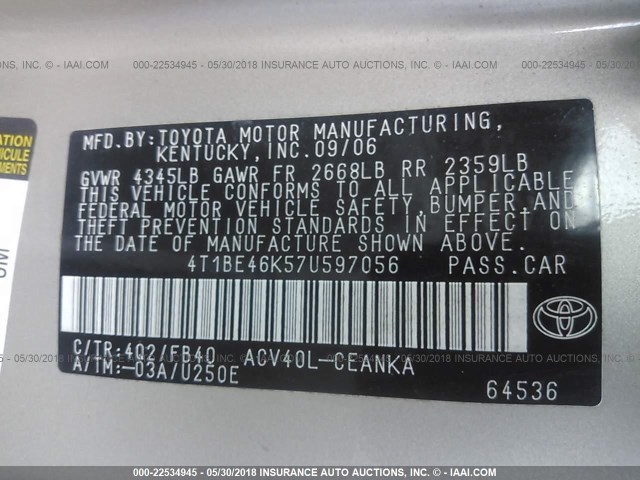 4T1BE46K57U597056 - 2007 TOYOTA CAMRY NEW GENERAT CE/LE/XLE/SE GOLD photo 9