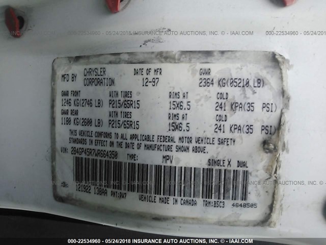 2B4GP45R7WR664350 - 1998 DODGE CARAVAN SE/SPORT WHITE photo 9