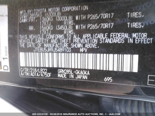 JTEBU5JR9J5489103 - 2018 TOYOTA 4RUNNER SR5 PREM/LTDL/TRAIL/TRD BLACK photo 9