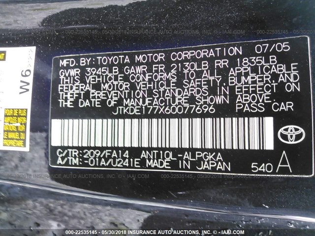 JTKDE177X60077696 - 2006 TOYOTA SCION TC 黑色 照片 9