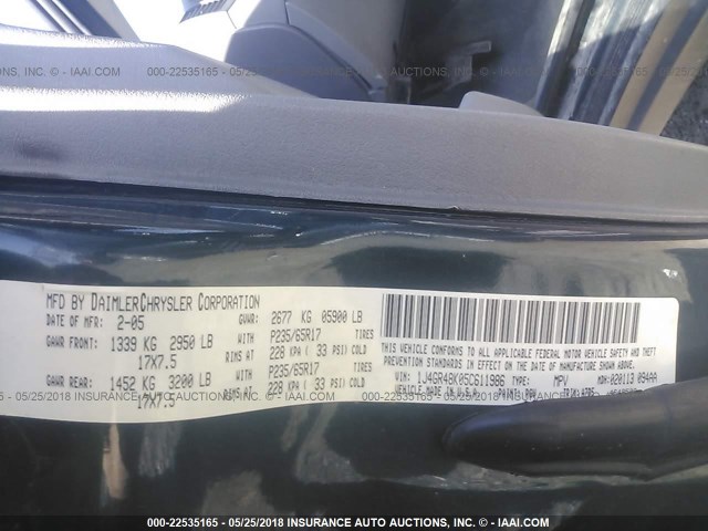 1J4GR48K05C611986 - 2005 JEEP GRAND CHEROKEE LAREDO/COLUMBIA/FREEDOM 绿色 照片 9