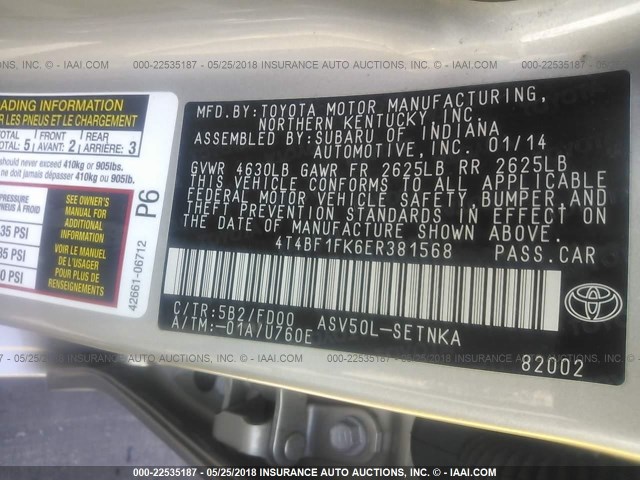 4T4BF1FK6ER381568 - 2014 TOYOTA CAMRY L/SE/LE/XLE 金色 照片 9