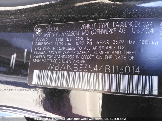 WBANB33544B113014 - 2004 BMW 545 I BLACK photo 9
