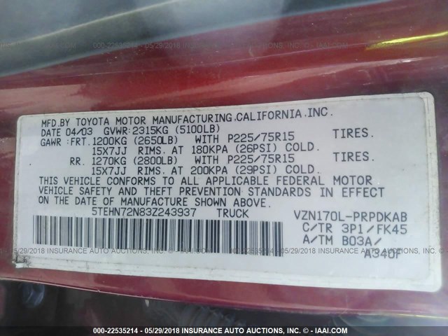 5TEHN72N83Z243937 - 2003 TOYOTA TACOMA DOUBLE CAB წითელი ფოტო 9