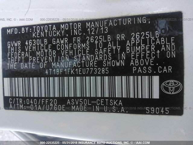 4T1BF1FK1EU773285 - 2014 TOYOTA CAMRY L/SE/LE/XLE 白色 照片 9