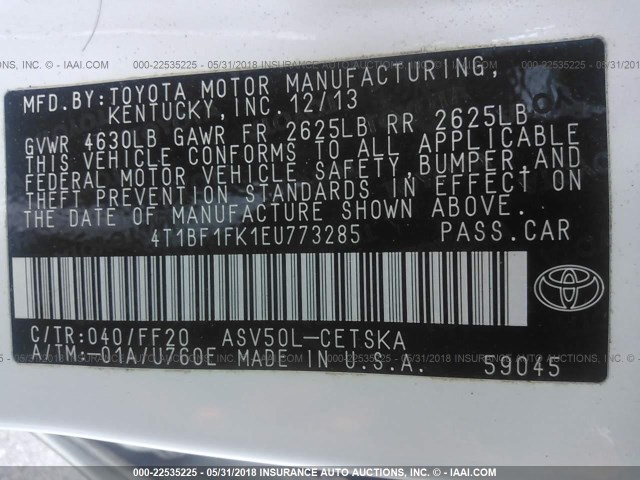 4T1BF1FK1EU773285 - 2014 TOYOTA CAMRY L/SE/LE/XLE WHITE photo 9