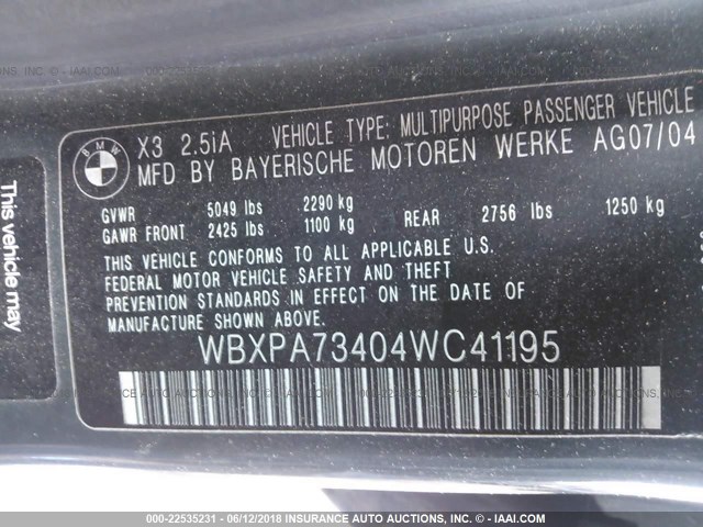 WBXPA73404WC41195 - 2004 BMW X3 2.5I GRAY photo 9