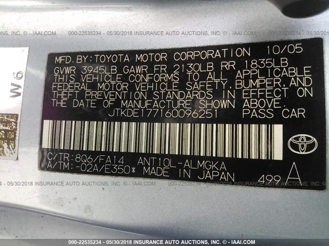 JTKDE177160096251 - 2006 TOYOTA SCION TC 浅蓝色 照片 9