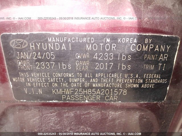 KMHWF25H85A201578 - 2005 HYUNDAI SONATA GL RED photo 9