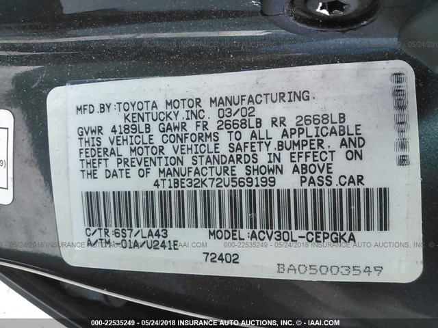 4T1BE32K72U569199 - 2002 TOYOTA CAMRY LE/XLE/SE GREEN photo 9